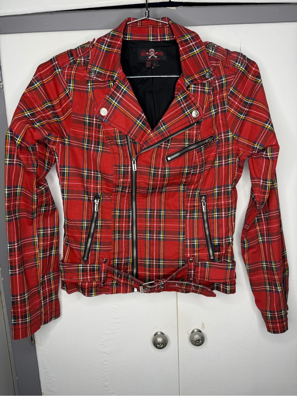Royal Bones Daang Goodman Jacket Red Plaid Belted Zip Women Large Tripp Moto